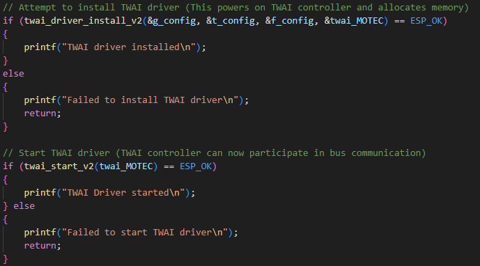 TWAI driver install and start sequence with error handling