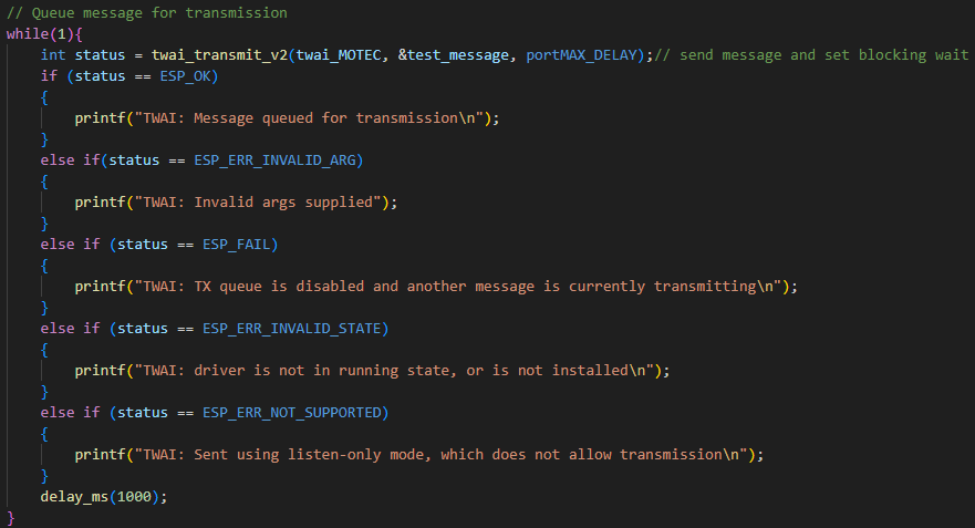 TWAI transmit loop with status error handling
