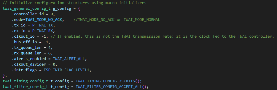 TWAI general config, timing config, and filter config initialization