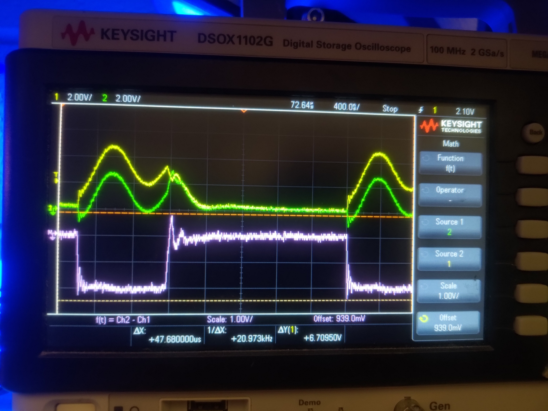 Keysight DSOX1102G oscilloscope showing CAN differential signal with math channel