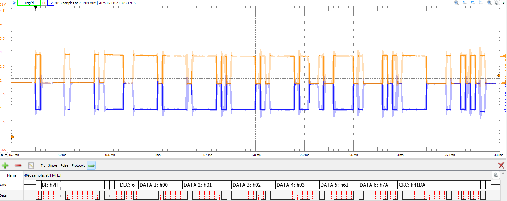 Oscilloscope capture of CAN HI and LO signals between two ESP32s3 at 25kHz