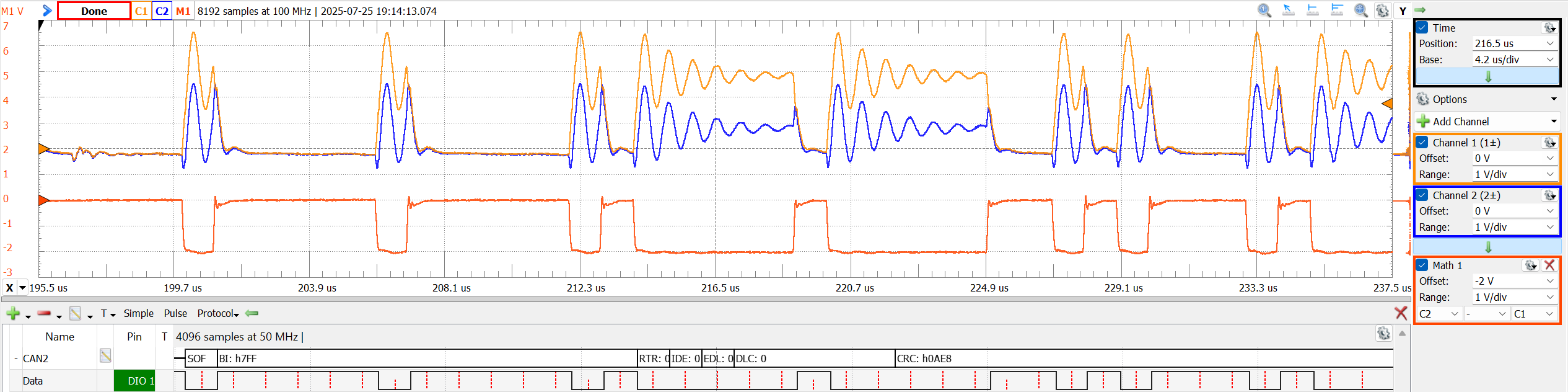 Waveforms oscilloscope capture of MoTeC M130 to ESP32 at 1MHz